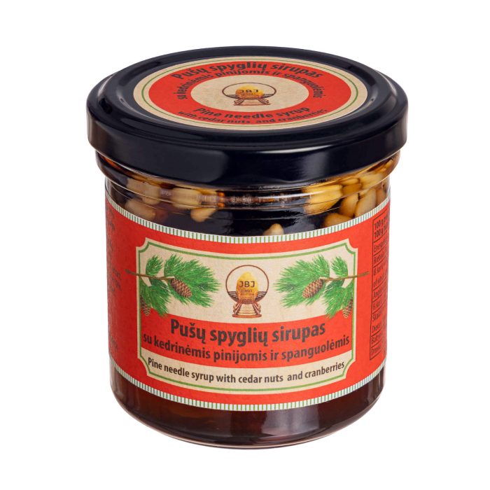 Pine needle syrup with cedar nuts and cranberries